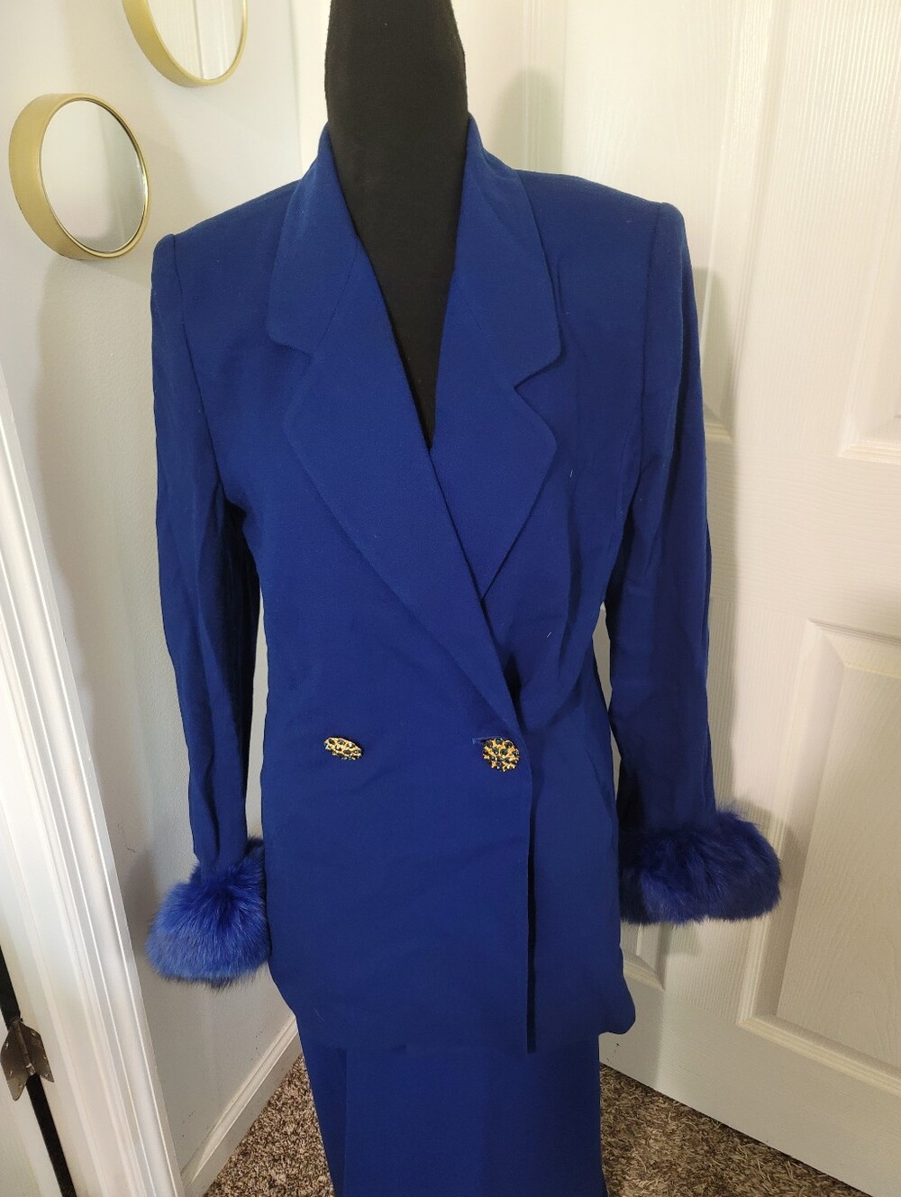 Lily & Taylor Women's Blue Double-Breasted Suit with Finland Fox Fur